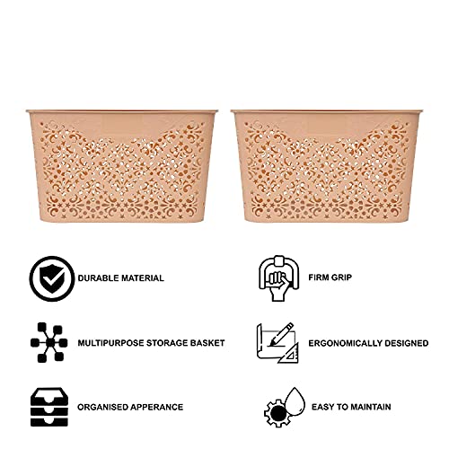Image of Cutting Edge Essentials Plastic Storage Baskets /Shelf /Turkish Rack with Lid - Set of 2 for Fruit Vegetable Bathroom Stationary Home Basket with Handle (Biege, Large)