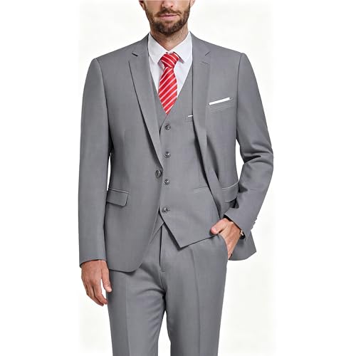 Hihawk Fato masculino de 3 peças com tecido elástico, conjunto de blazer sólido de ajuste fino com um botão, casaco, colete e calças com gravata., cinzento, M