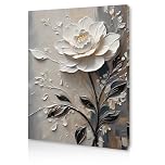 Qiukoo Wall Art Framed Canvas – 3D White Floral Textured Painting for Bedroom Decor, Elegant Canvas Wall Art for Living Room, Hallway, or Office with Pre-Mounted Frame and Hanging Hooks, 12x16 Inch