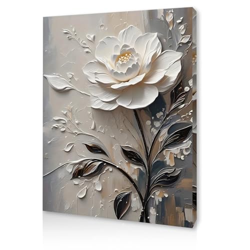 Qiukoo Wall Art Framed Canvas â€“ 3D White Floral Textured Painting for Bedroom Decor, Elegant Canvas Wall Art for Living Room, Hallway, or Office with Pre-Mounted Frame and Hanging Hooks, 12" x 16"