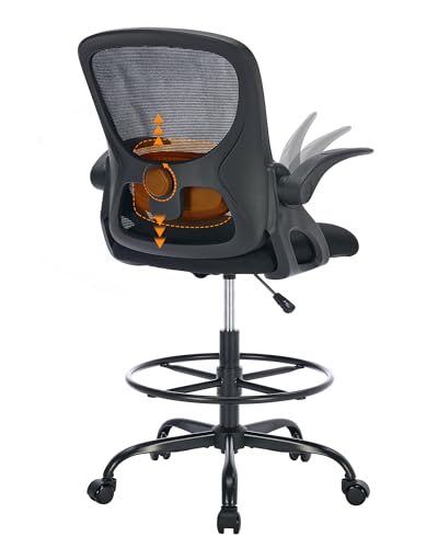 Image of LukkDys Drafting Chair with 4D Multi-Adjustable Backrest, Tall Office Chair 19.7 inch-27.6 inch Seat Height, Ergonomic Standing Desk Chair with Flip-up Arms, Foot Ring, Black