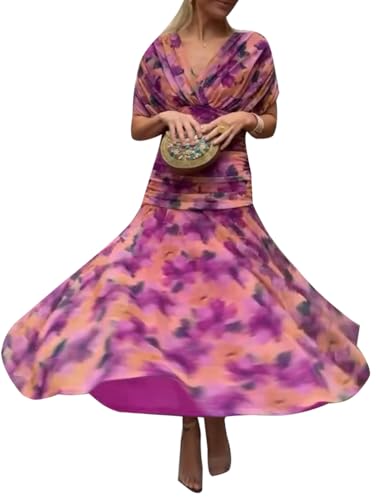 Minetom Robe de Soirée Femme Elegante Col en V Manche Courte Robes de Cocktail Cérémonie Mariage Longue A Violet M