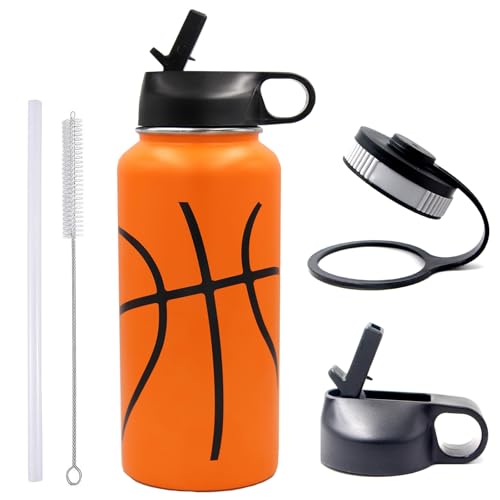 32 oz Basketball Water Bottle, Wide Mouth Sports Flask Metal Travel Tumbler with 2 Lids, Stainless Steel Double Wall Vacuum Insulated Thermo Water Bottles, Basketball Accessories Gifts for Boys Girls by FMYWZS - Used condition - US$16.52