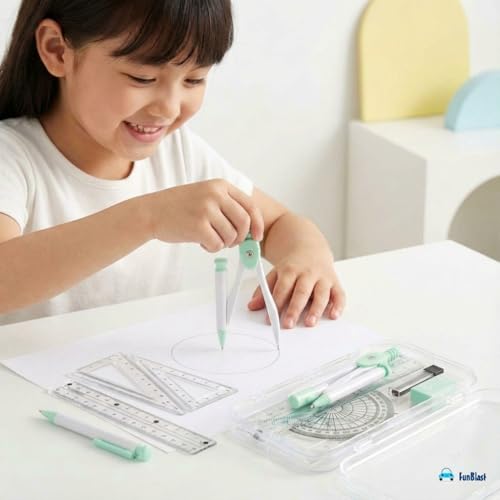 Image of FunBlast Rabbit Theme Compass Set - 7 Pcs Transparent Geometry Box with Protector, Set Squares, Ruler, Compasses, Ruler Set, Math Geometry Kit for Student & Professional (Green)