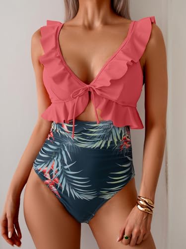 Image of Eomenie One Piece Swimsuit for Women Tummy Control Ruffle Bathing Suit V Neck Ruched Swim Suit Slimming Cutout Swimwear