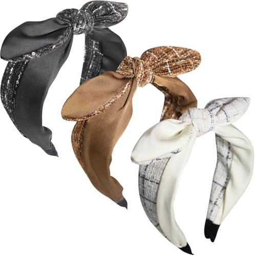 Jseng 3Packs Bow Knotted Headbands for Women, Stripe Boho Floral Wide Hair Band