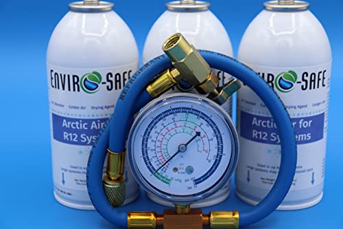 Generic Arctic Air for R12, 3 cans and a Brass Charging Gauge