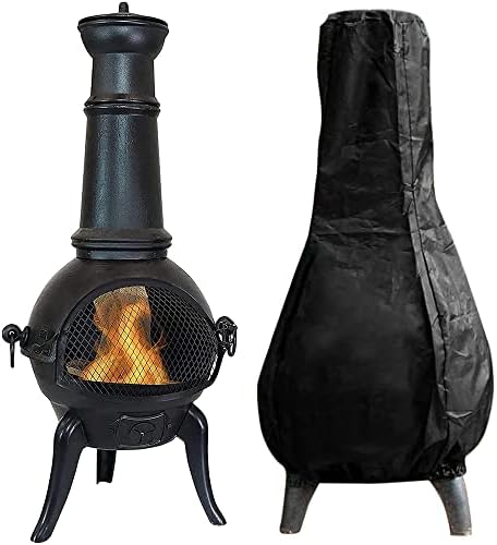 Chimenea Cover Waterproof Outdoor Heavy Duty Breathable Oxford Fabric Garden Patio Heater Cover Rain Sun UV Protector Black Chimney Furniture Cover 122CM High