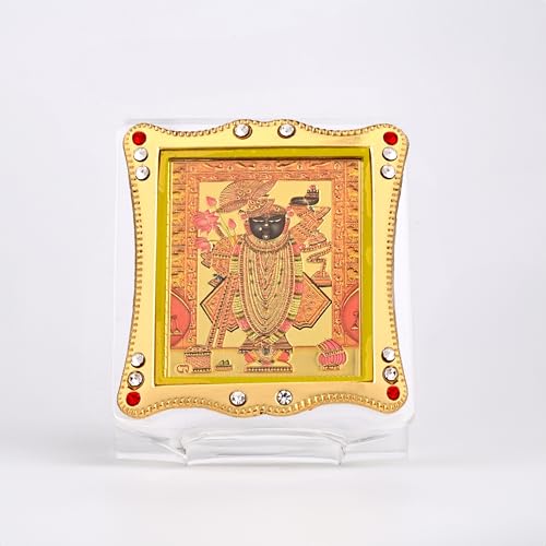 Image of Shrinath Ji Krishna Golden Foil Idol, Car Dashboard Idol Frame & Home Temple Religious Photo Frame | Hindu God Statue for Pooja, Office & Spiritual Gift Item