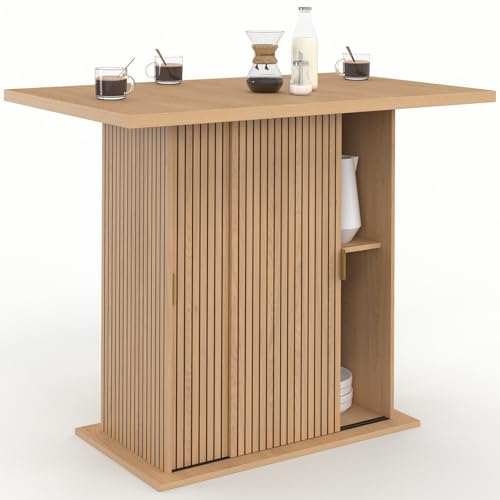 IDMarket - Ilot Central 4 Personnes Juliette 110 cm Pied Central avec Rangement Effet Lattes tasseau de Bois