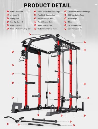 Image of YOLEO Smooth Pulley System Power Cage, Adjustable Cable Crossover Power Rack, Multi-Functional Cable Machine for Home Gym
