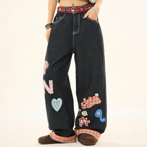 Y2K Fashion High Waist Straight Leg Jeans for Women Cute Printed Plaid Casual Baggy Denim Pants4