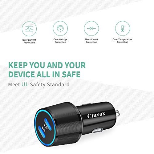 Cluvox 20W Dual USB C Fast Car Charger for iPhone 16/15 Pro Max/Plus/14/13/12/11/X/XS/XR/8/iPad Pro, Galaxy S23/S22 Cigarette USB Charger Adapter, Google Pixel 8/7 Type C Automobile Charger