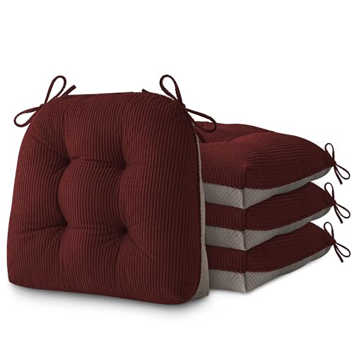 Image of AddGrace Dining Chair Cushions Set of 4 Non-Slip 18 inchx16 inchx3 inch Burgundy | with Ties, Textured Fabric, for Kithchen, Dining Room, Restaurant, Indoor Furniture, Wood Chairs, Long Meals, Soft, Comfy