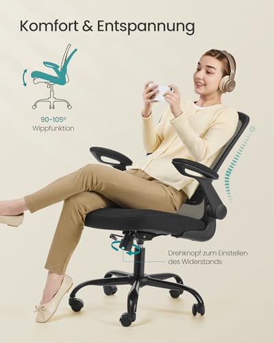 SONGMICS Bürostuhl ergonomisch, Drehstuhl mit Mesh, Lenden- und Kopfstütze, Wippfunktion, 53 cm große Sitzfläche, klappbare Armlehnen, Arbeits- und Schlafzimmer, Studenten, schwarz OBN37BK