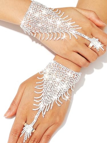 GEMILY Rhinestone Fingerless Silver Gloves Bridal Hand Gloves for Women(tassel)