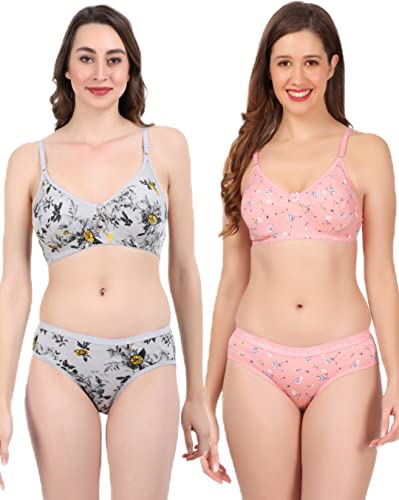 Image of Women Non Padded Wirefree Pure Cotton Printed Multicolor Bra & Penty Set 2 Pack Combo