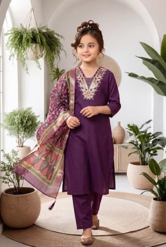 Image of Girls Cotton Blend Embroidered Kurta Pant with Printed Banarasi Style Dupatta Set | Festive Ethnic Wear for Kids | Traditional Suit Set for Girls (4-14Years)