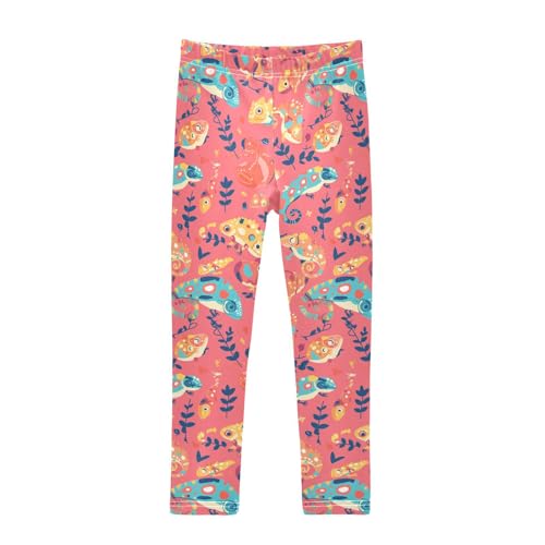 Colorful Pattern with Cute Chameleons Kids Baby Girls Basic Leggings Stretchy High Waisted Athleisure Pants Gym