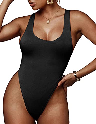 GEMBERA Justaucorps sans manches pour femme avec col rond et string en coton doux, noir, X-Large Cover