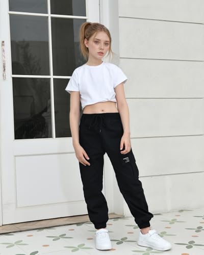 Image of Girls Cargo Pants Drawstring Elastic Waist Loose Tapered Jogger Pants with Pockets, Black, 14-16 Years = Tag 180