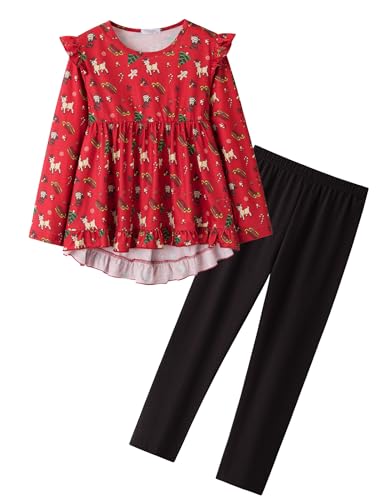 Image of Yekaty Girls Clothes Ruffle Shoulder High Low Hem Long Sleeve Top and Floral Pants 2 Piece Fall Outfits Clothing Set