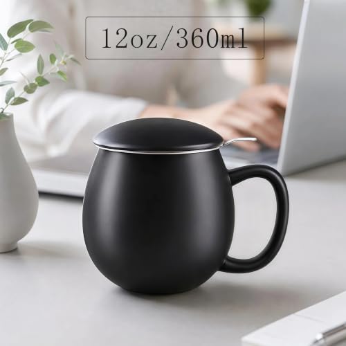 Image of Yundu 12 OZ Matte Black Ceramics Teacup with Infuser and Lid, Mug with Lid for Steeping - Stainless Steel Infuser for Loose Leaf Tea, Home Office Gift for Tea Lovers