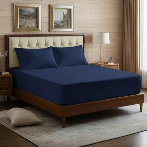 Image of Elastic Fitted Bedsheet Double Size Bed with 2-Pillow Covers 100% Egyptian Cotton Fits 1000 TC Soft & Breathable Luxurious Bedrooms and Hotels Use (Navy Blue) (Size: 78x60 Inch)
