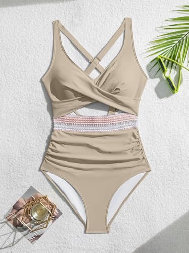 Image of B2prity Women's One Piece Swimsuit Tummy Control High Waisted Bathing Suit | Color Block,Removable Soft Cups,Cutout,V neck,Full Coverage,Adjustable Criss Cross Straps,Tie Back