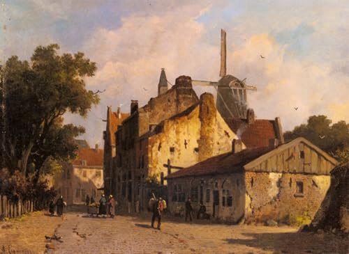 Cuadro de lienzo de Adrianus Eversen 60x90cm escena de pueblo con molino de viento para oficina