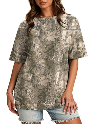 Anoumcy Oversized Camo T Shirt for Women Mens Maple Leaf Print Camouflage T-Shirt Summer Short Sleeve Camo Shirt Tops Khaki Brown L