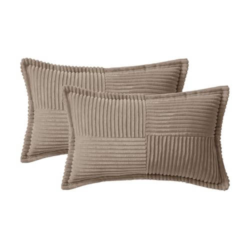 Image of MIULEE Decorative Lumbar Throw Pillow Covers for Couch Bed Livingroom 12x20 Inch Set of 2 Light Brown Boho Accent Throw Pllows Broadside Striped Patchwork Soft Corduroy Pillowcases