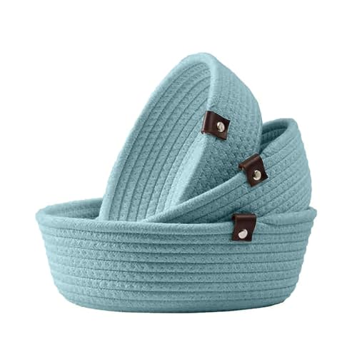 Image of Handmade Jute Cotton Storage Baskets Set of 3 for Dining Table, Fruit Basket & Roti Bowl, Cane Style Organizer for Kitchen, Home Decor, Washable Multipurpose (Aqua)