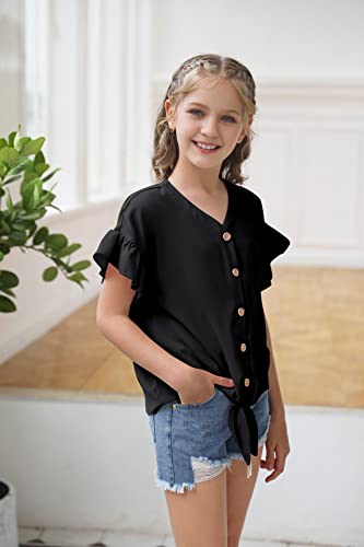 Image of Girls Ruffle Short Sleeve Shirts V Neck Tie Front Knot Tops Button Cute Tunic Shirts Blouse