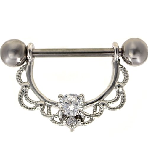 Pair of Double Gem Filigree Lace Nipple Piercing Rings Barbells - 14 Gauge 5/8
