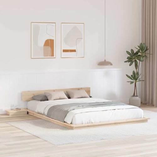 vidaXL Estructura de Cama de Suelo con mesas de Noche Pino Natural 160X200Cm Madera Maciza Diseño Integrado Solución de Almacenamiento Muebles para Dormitorio para Adultos Estilo Japonés Minimalista