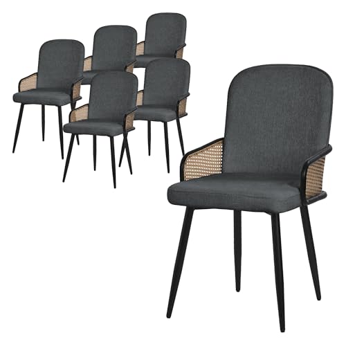ML-Design Lot de 6 Chaises de Salle à Manger en Tissu Anthracite, Accoudoirs en Rotin et Pieds en Métal Noir, Assise Rembourrée Confortable, Fauteuils...
