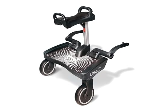 Lascal BuggyBoard Maxi+, Kinderbuggy Trittbrett mit großer Stehfläche und Saddle, Kinderwagen Zubehör für Kinder von 2-6 Jahren (22 kg), kompatibel mit fast jedem Buggy, schwarz mit rotem Sattel