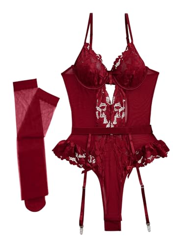 Image of Lilosy Sexy Stocking Lace Mesh Bodysuit Top Underwire Garter Lingerie Set 3 Piece