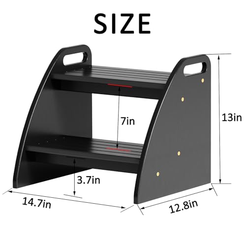 Image of Bamboo 2 Step Stool 300lbs Capacity, Wooden Two Step Stool with Non-Slip Handles, Heavy Duty Stepping Stool for Bedside High Beds Adults, Sturdy Small Bathroom Kitchen Black Step Stool