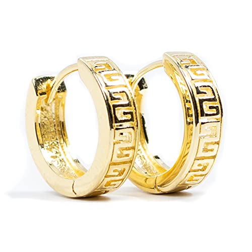 Men's Women's Trendy Small Solid 14K Yellow Gold 925 Sterling Silver Hypoallergenic Unisex Greek Key Pattern Huggie Hoop Earrings Jewelry Gifts for Men Women