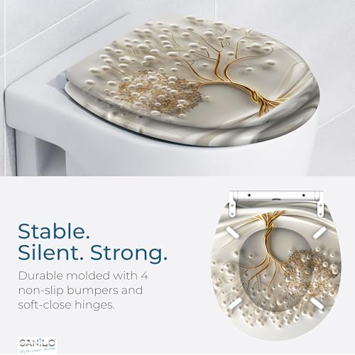 Image of Sanilo Wooden Toilet Seat with Quick Release & Soft Close [ROUND] - Decorative & Slow Close Molded Wood Seat - With One Click for Easy Installation & Cleaning - With Adjustable Fit (Tree of Life)