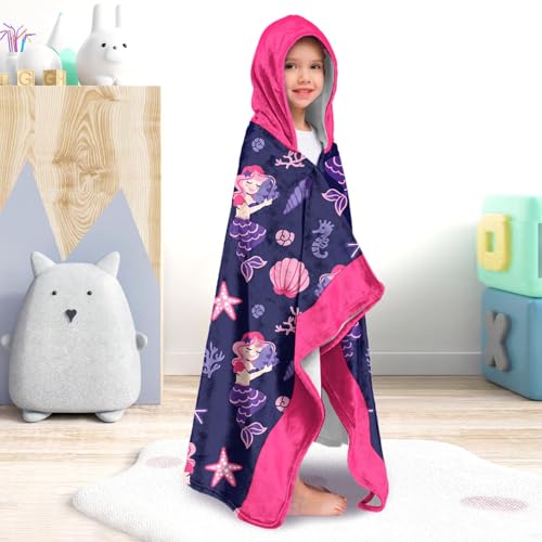 Image of Mermaid Girls Beach Towel with Hoodie for Kids Toddlers Age 4-8, Pink Blue Bath Towels Shower Wrap for Girls, Hooded Poncho Beach Blanket for Pool Swimming Cute Wearable Bath Towel for Child