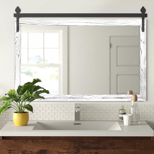 YOSHOOT Farmhouse Barn Door Wall Mirror, 48"x30" Rustic Wood Framed Wall Mirror, Wooden Farmhouse Style Mirror for Bathroom Living Room Entryway, Vertical Hanging, White