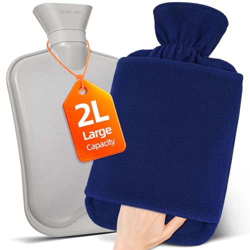 MUPAS Wärmflasche mit Vliesbezug –2L Große Auslaufsicher Bettflasche –Weicher Wärmflaschen mit Känguru Tasche +Naturkautschuk –Hot Water Bag...