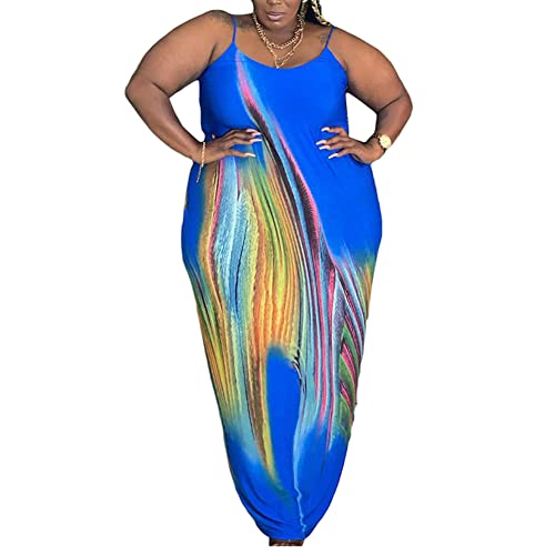 Image of BFFBABY Womens Summer Suspender Maxi Dress Plus Size Striped Printed Sleeveless with Pockets and Belt