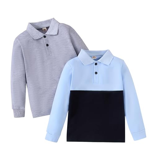Boys Long Sleeve Polo Shirts, 2-Pack, Light Blue Color Block and Gray, 100/4 Years