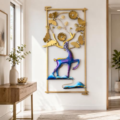 Image of SHREE 'O' GREEN TECH - Metal Handcrafted Deer Frame Big Wall Decor Wall Hanging Multicolor Wall Arts for Home Hotel Office Living Room Bedroom (Size 22x42 Inch)
