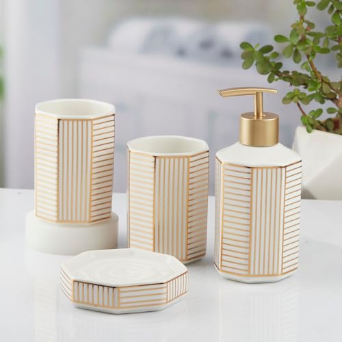 Image of SaSaSa Ceramic Bathroom Accessories Set of 4 Modern Bath Set with Soap Dispenser & Toothbrush Holder, Luxury Home & Gift Idea, White /Gold (10388)