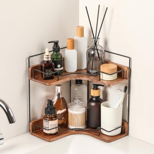 Snuvid 2-Tier Bathroom Counter Organizer, Wooden Corner Shelf for...